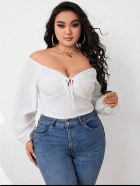 Women's White Smocked Off-Shoulder Peasant Top, Sz 0XL